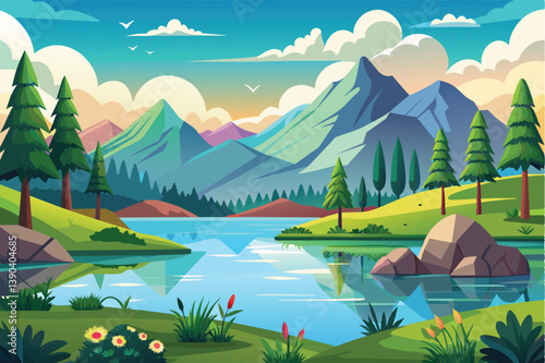 A beautiful illustration depicting a serene mountain lake nestled amidst lush green hills, trees, and a blue sky dotted with fluffy clouds.