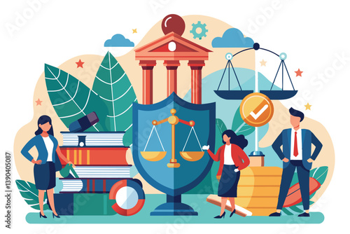 An illustration featuring law professionals standing in front of a courthouse, a shield with scales of justice, and a large scale.