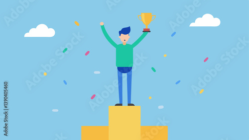 Extrinsic Rewards A character standing on a podium holding a trophy with confetti falling symbolizing the celebration of success due to external rewards.