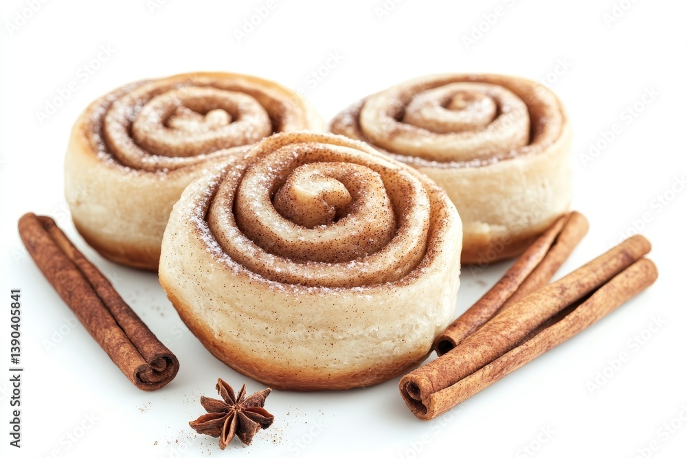 Fototapeta premium Delicious Cinnamon Rolls with Spices - Three warm, sweet cinnamon rolls dusted with powdered sugar, accompanied by cinnamon sticks and star anise