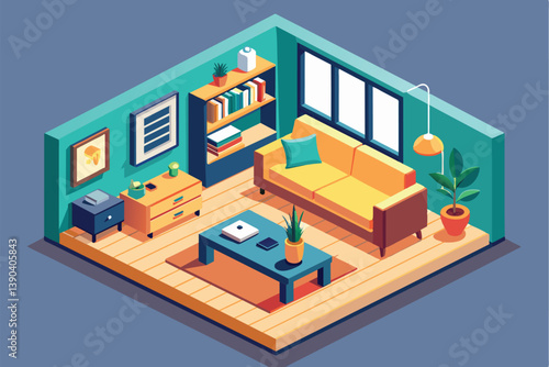 An isometric illustration depicting a modern living room interior with a yellow couch, coffee table, bookshelf, and various decor items.