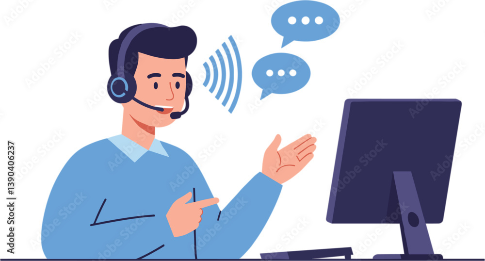 Customer Support Representative: A dedicated customer support representative, adorned with a headset, is engaged in a seamless communication via a monitor. Customer Support Representative: A dedicated customer support representative, adorned with a headset, is engaged in a seamless communication via a monitor.