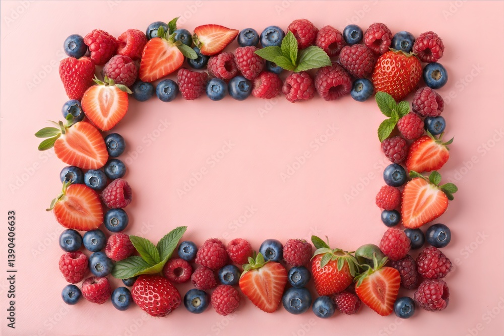 Frame of fresh raspberries, blueberries, and strawberries on a pink background. (Strawberry) Frame of fresh raspberries, blueberries, and strawberries on a pink background. (Strawberry)