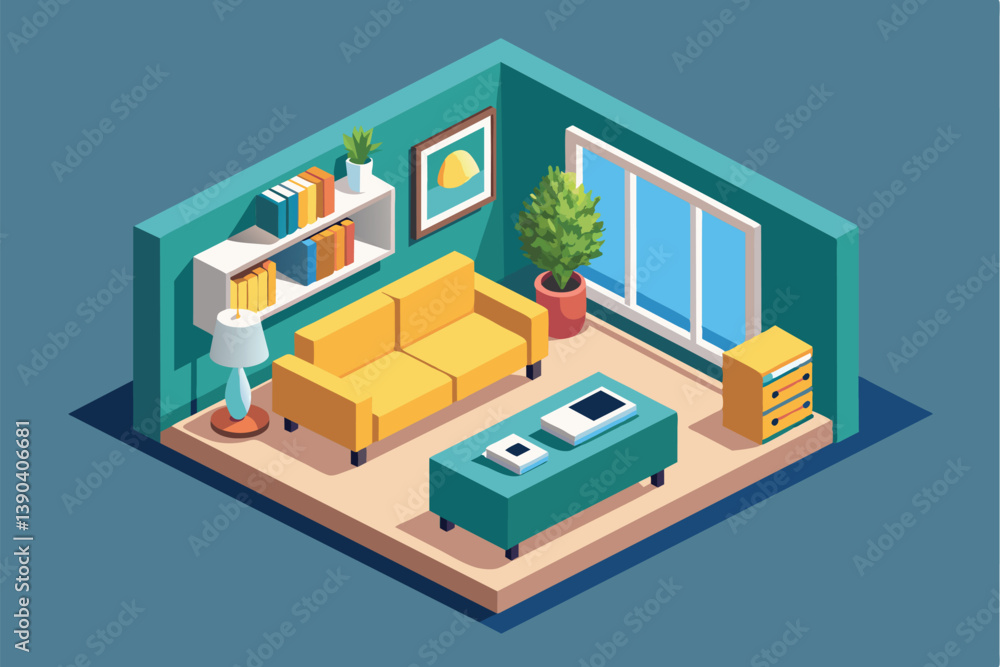A modern living room with a yellow sofa, coffee table, lamp, and potted plant. Sunlight through a large window creates a bright and welcoming atmosphere.