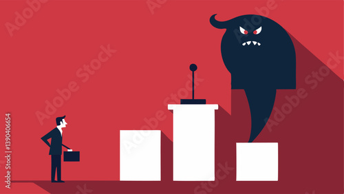 Giant Shadow A small figure walking toward a podium but cast in the shadow of a giant menacing figure labeled Fear of Failure illustrating how fears can dwarf ones aspirations.