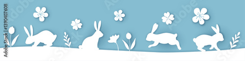 Beautil seamless vector paper cut landscape with Easter bunny and flowers.