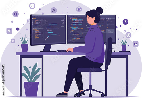 Code Wizard at Work: A modern illustration captures a coder intensely focused on her work, with vibrant graphics highlighting the tools of her trade.