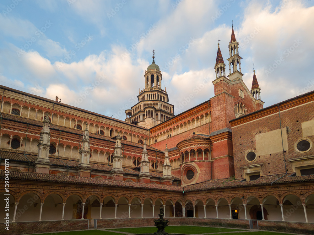 Certosa di Pavia monastery, historical monumental complex that includes a monastery and a sanctuary. green court and a church,Pavia,Italy.