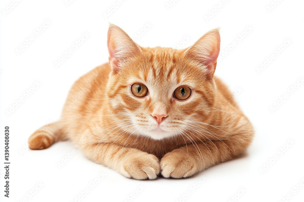 Ginger Cat on White Background - Adorable ginger cat lying down, paws together. Symbolizes: companionship, warmth, affection, domesticity, feline grace Ginger Cat on White Background - Adorable ginger cat lying down, paws together. Symbolizes: companionship, warmth, affection, domesticity, feline grace