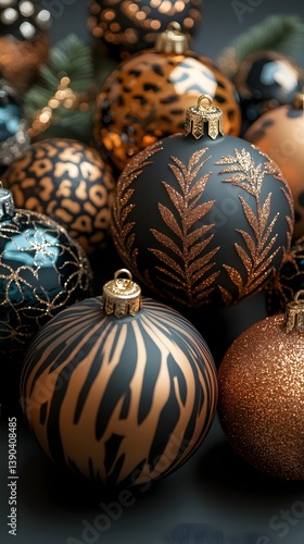 Collection of Stylish Christmas Baubles With Unique Patterns in a Tray photo