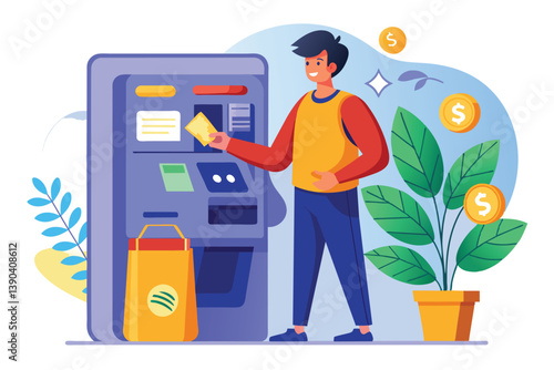 A cartoon illustration of a man using an ATM machine to withdraw cash. He is smiling and holding a card in his hand, and there is a shopping bag next to the machine.