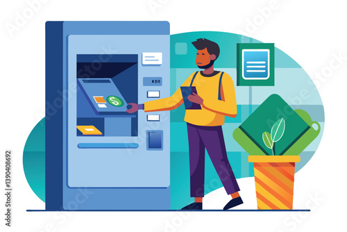 A man uses an ATM to withdraw money. He inserts his debit card into the machine and enters his PIN. He is standing at the machine with his backpack on and a phone in his hand.