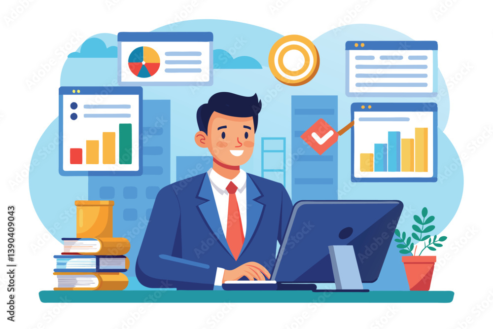 An animated businessman happily working on laptop with financial charts displayed, exuding confidence and hinting at success. An animated businessman happily working on laptop with financial charts displayed, exuding confidence and hinting at success.