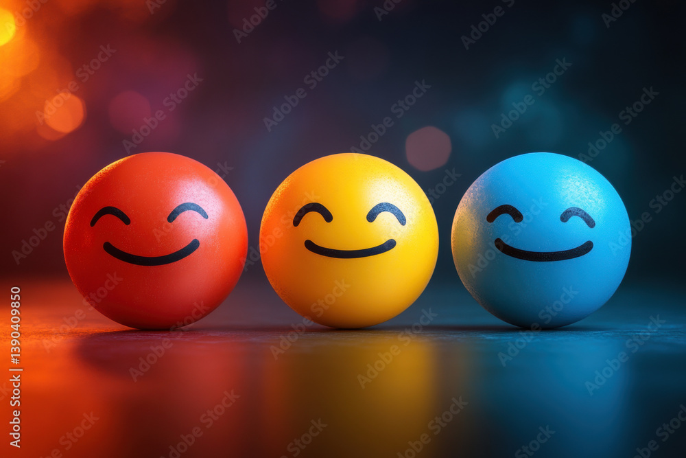 Three eggs with smiley faces, sitting on a kitchen countertop. Three eggs with smiley faces, sitting on a kitchen countertop.