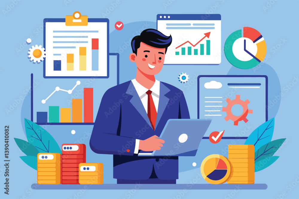 Fototapeta premium Illustration of a businessman analyzing data and financial charts on his laptop, surrounded by charts, graphs, and financial indicators.
