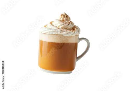 A floating cup of hot pumpkin spice latte with whipped cream, on a solid white background