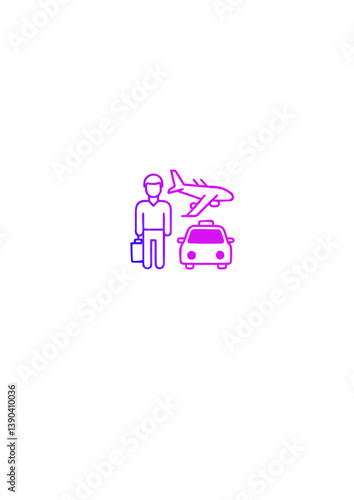An illustration of a traveler with luggage, airplane, and taxi representing the journey ahead. This image represents the core concept of travel 