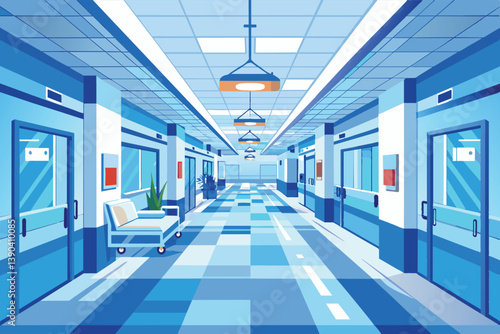 An illustration of a hospital corridor with blue tiled flooring, overhead lighting, and doors leading to different rooms.