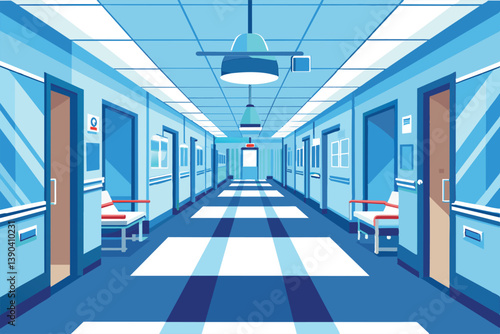 A cartoon depiction of a hospital hallway with multiple doors and waiting chairs. The hallway is empty and has a bright blue and white color scheme.