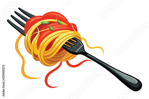 A cartoon image of a fork twirling spaghetti with tomato sauce and basil. The spaghetti is coiled around the fork, and the tomato sauce is visible on the top of the spaghetti.