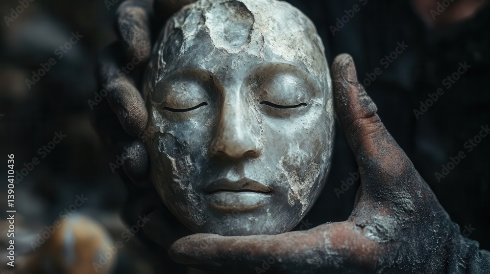 Hands holding a sculpted stone face with closed eyes Hands holding a sculpted stone face with closed eyes