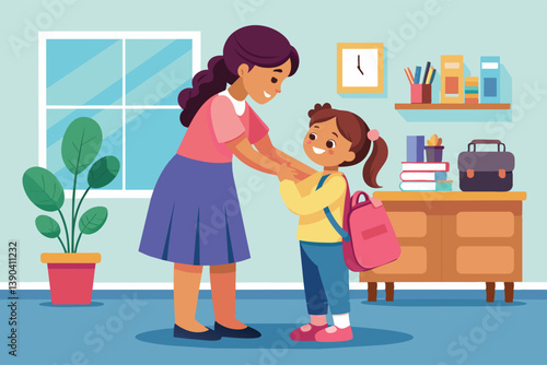 A mother and daughter stand in a room, holding hands. The daughter is wearing a backpack and is smiling, while the mother looks at her with a warm expression.