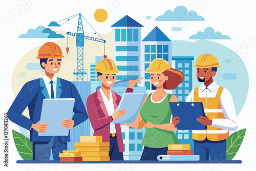 A group of four construction workers, diverse in gender and race, are smiling as they review plans and discuss a new project in front of newly built skyscrapers.