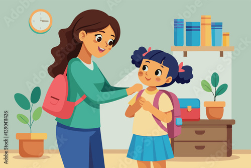 A mother is helping her daughter prepare for school by adjusting her backpack and smiling at her.