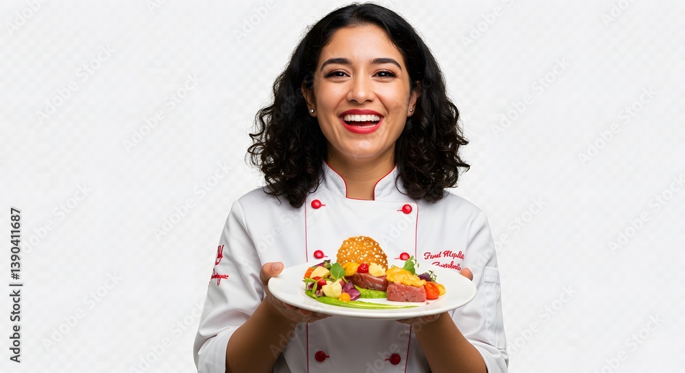 A culinary artist presents a delectable dish with a beaming smile, exuding confidence and passion in a professionally styled photoshoot. A culinary artist presents a delectable dish with a beaming smile, exuding confidence and passion in a professionally styled photoshoot.