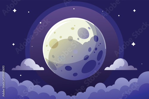 A full moon shines brightly in the night sky, surrounded by clouds.