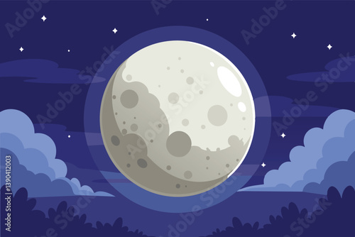 A full moon shines brightly in the night sky, casting a soft glow over a silhouetted landscape.