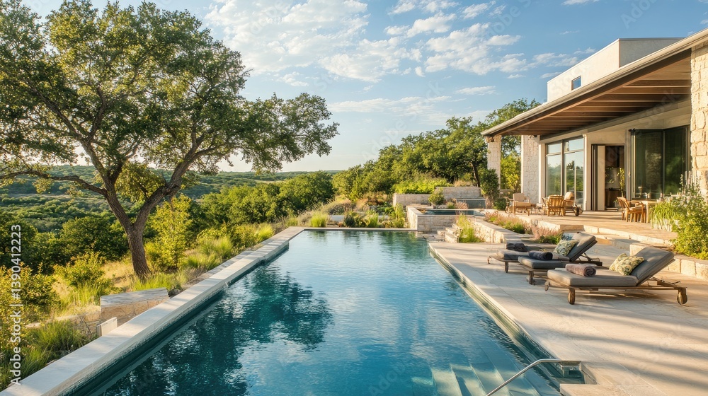 Fototapeta premium Serene Outdoor Pool Area Surrounded by Lush Greenery and Scenic Hillside Views in Bright Blue Sky