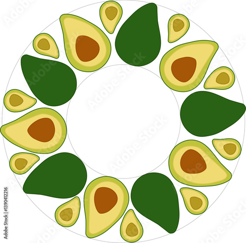 Avocado circle Frame. Vector flat Avocado Background with Space for Text. Ideal for menu, package, cosmetic, textile, cards  Eat green