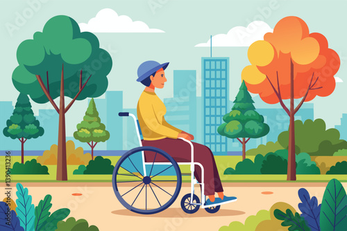 A woman in a wheelchair is enjoying a sunny day at the park, surrounded by lush green trees and a cityscape in the distance.
