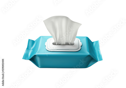 A floating pack of wet wipes with an open flap, on a solid white background