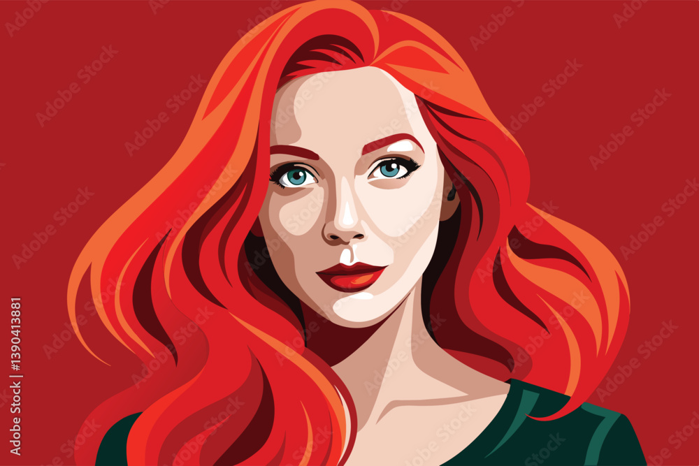 Digital illustration of a woman with long red hair, looking at the viewer with a warm expression. She wears a green shirt, in front of a solid red background. Digital illustration of a woman with long red hair, looking at the viewer with a warm expression. She wears a green shirt, in front of a solid red background.