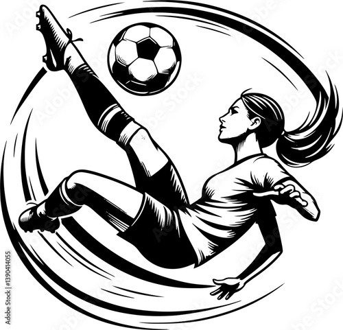 Female Soccer Player Performing An Over Head Kick, Black And White Female Football Silhouette