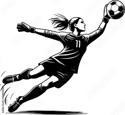 Female Soccer Goal Keeper Making A Save, Black And White Female Football Silhouette