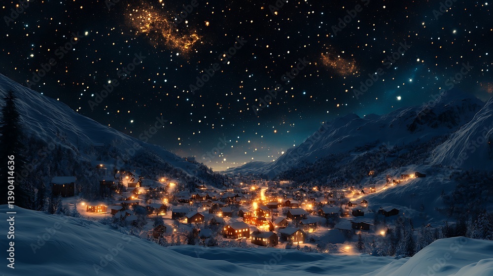 Fototapeta premium Snowy mountain village at night under starry sky.