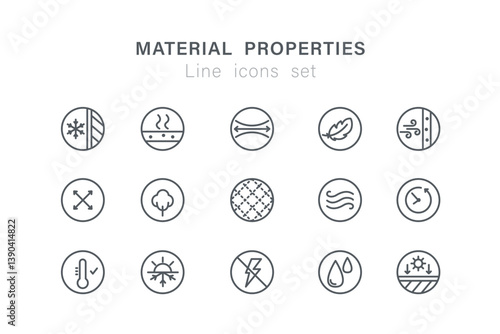 Set of various icons and pictograms on material properties theme. Fabric, textile and retail signs. Simple line icons collection. Editable Stroke