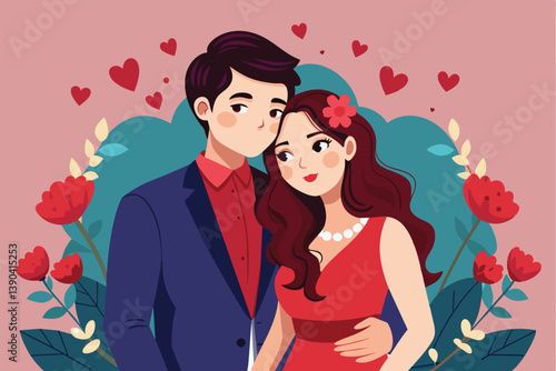 Digitally illustrated couple embracing in red flowers/hearts. Man in blue suit, woman in red dress against soft pink background.