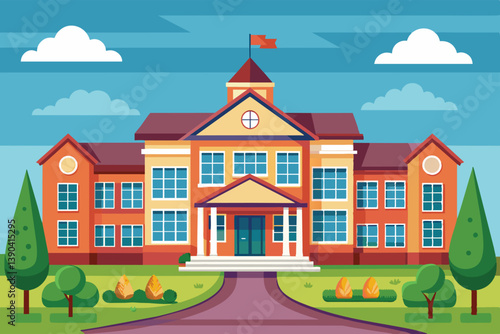 An illustration of a large school building with a flag flying on top, set against a clear blue sky with white clouds. The building is surrounded by green grass, trees, and bushes.