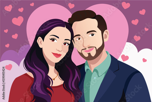 Cartoon illustration of a couple in love with a heart and clouds background.