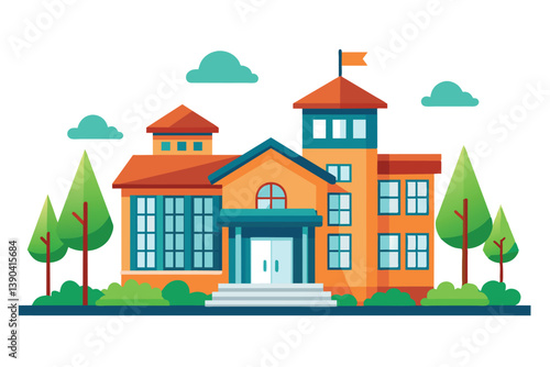 A colorful illustration of a modern school building with a red roof, blue windows, and a flag on top. The building is surrounded by trees and clouds.