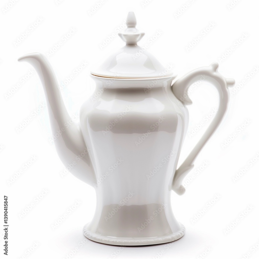 simple white ceramic teapot, front view, isolated on white surface simple white ceramic teapot, front view, isolated on white surface