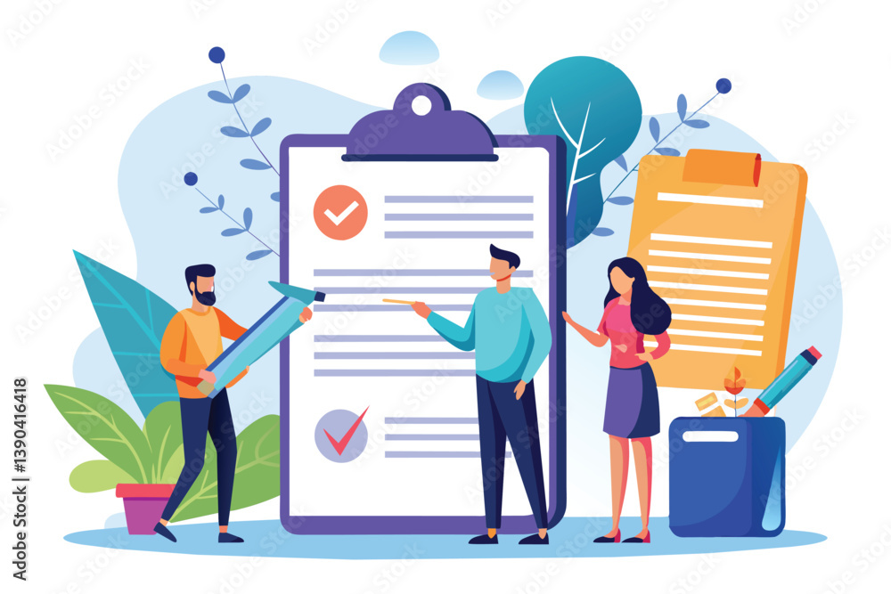 Three people are reviewing a checklist on a clipboard. One points, one holds a pen, and the third stands with a hand on their hip.