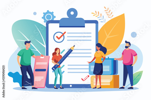 An illustration depicts a team of four people collaborating on a checklist, with one holding a large pencil.