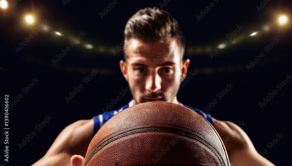 A dedicated athlete concentrates on the basketball in his hands under bright arena lights. A dedicated athlete concentrates on the basketball in his hands under bright arena lights.