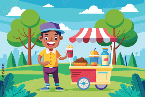 A cartoon boy with a big smile stands beside a food cart in a park, selling snacks to passersby on a sunny day.