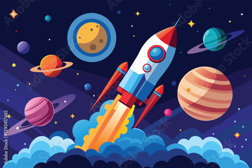 A cartoon illustration of a red and white rocket launching into space, with planets and stars in the background.